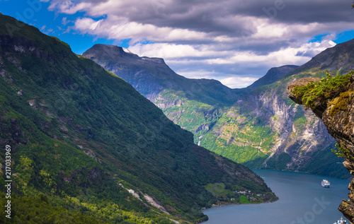 Geiranger - July 30, 2018: Panoramic view of the stunning UNESCO Geiranger fjord, Norway