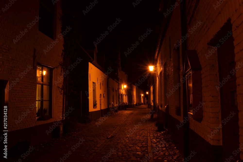 Nighttime photograph of the Small Beguinage in Leuven, Belgium