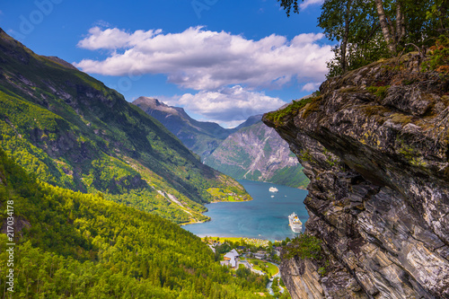 Geiranger - July 30  2018  Flydalsjuvet viewpoint at the stunning UNESCO Geiranger fjord  Norway