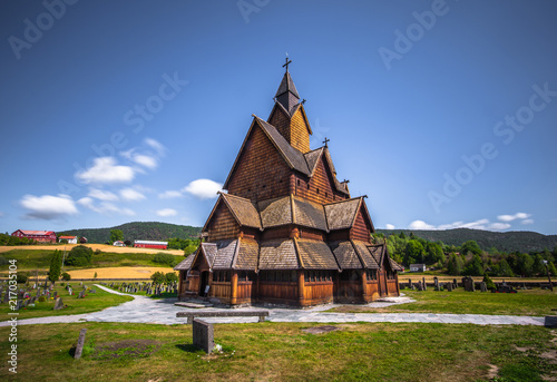 Heddal - August 01, 2018: Medieval Heddal stave church, the largest of the remaining stave churches in Telemark, Norway photo