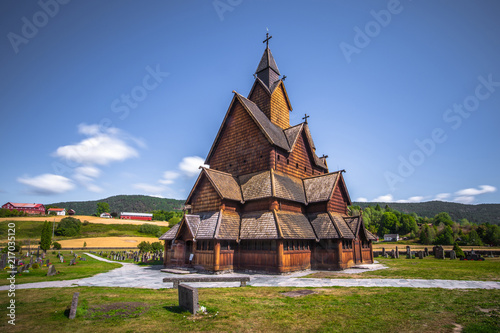 Heddal - August 01, 2018: Medieval Heddal stave church, the largest of the remaining stave churches in Telemark, Norway photo