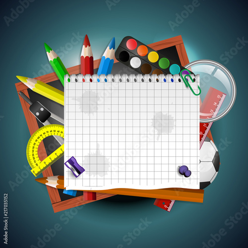 School background with school supplies and empty blackboard with place for your text