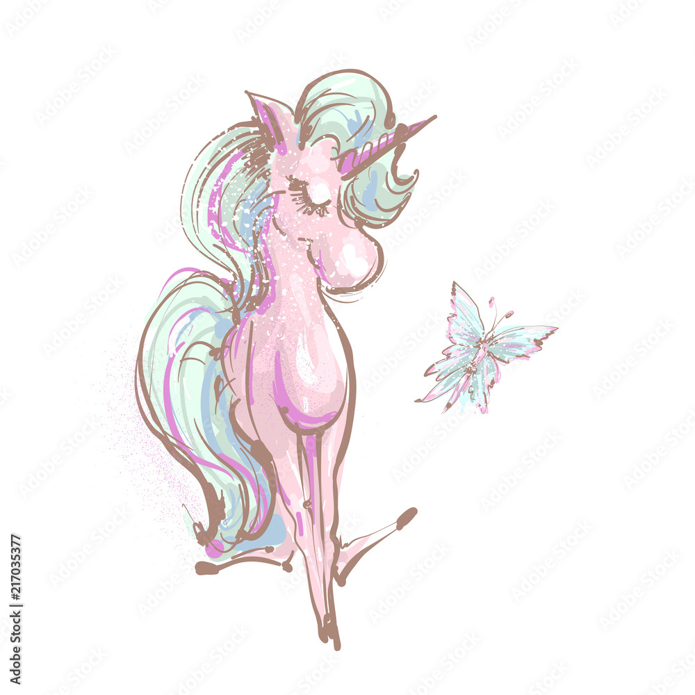 Obraz premium Cute sitting little unicorn and butterfly magic illustration ioslated on white background