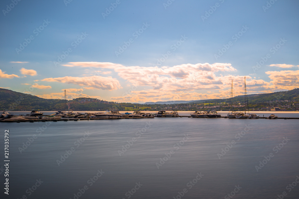 Norway - August 01, 2018: Panoramic view of a bay near Oslo, Norway Norway - August 01, 2018: Panoramic view of a bay near Oslo, Norway