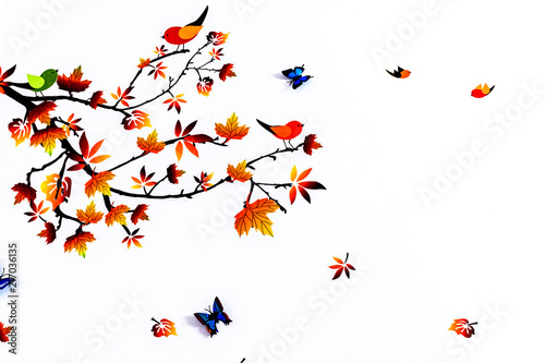 Designer Sticker Of A Tree   Leaves And Butterflies On A White Background 