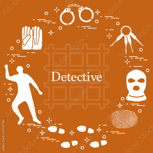 Criminal and detective elements. Crime, law and justice vector icons.