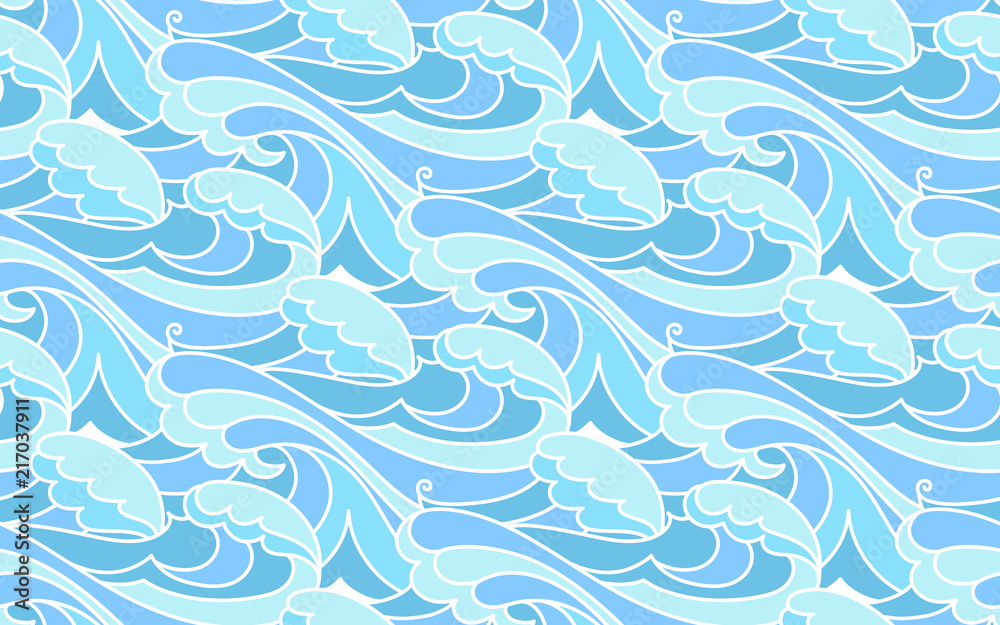 Fototapeta premium Waves pattern. Wavy vector seamless blue tides background. Abstract holidays summer voyage cruise wallpapers.