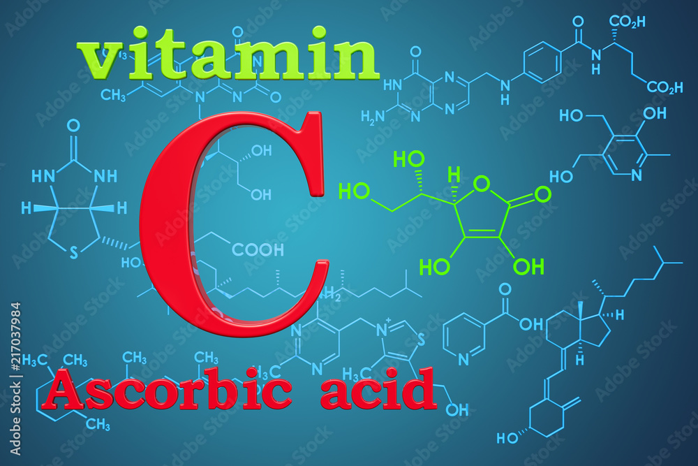 Vitamin C, ascorbic acid. Chemical formula, molecular structure. 3D