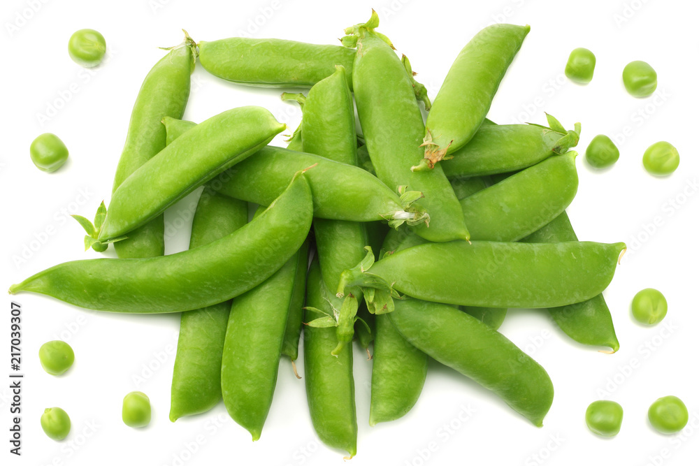 fresh green peas isolated on white background. top view fresh green peas isolated on white background. top view