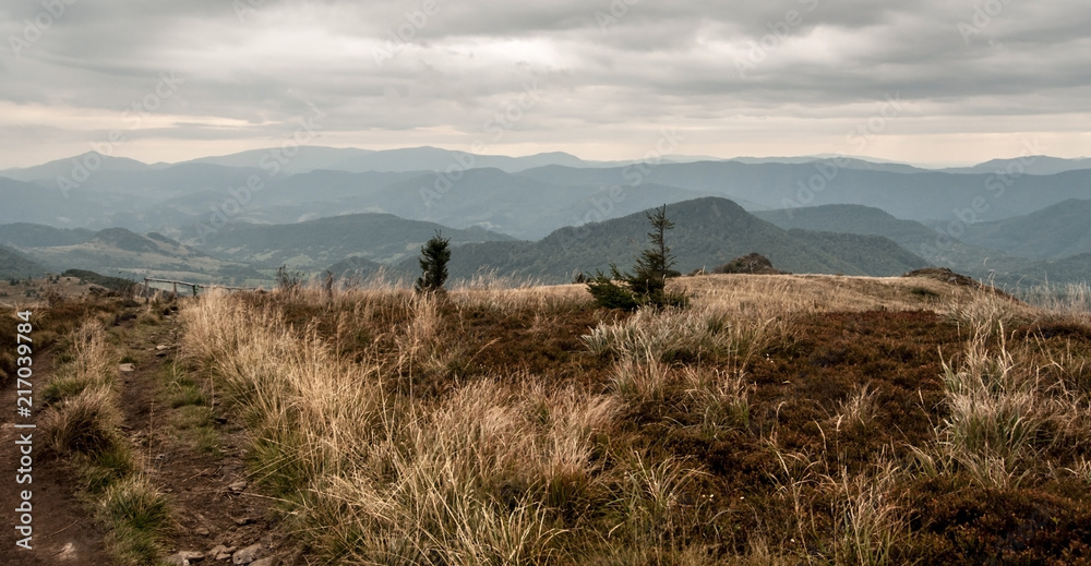 Obraz premium view from hiking trail near Rozsypaniec hill in autumn Biesczady mountains in Poland