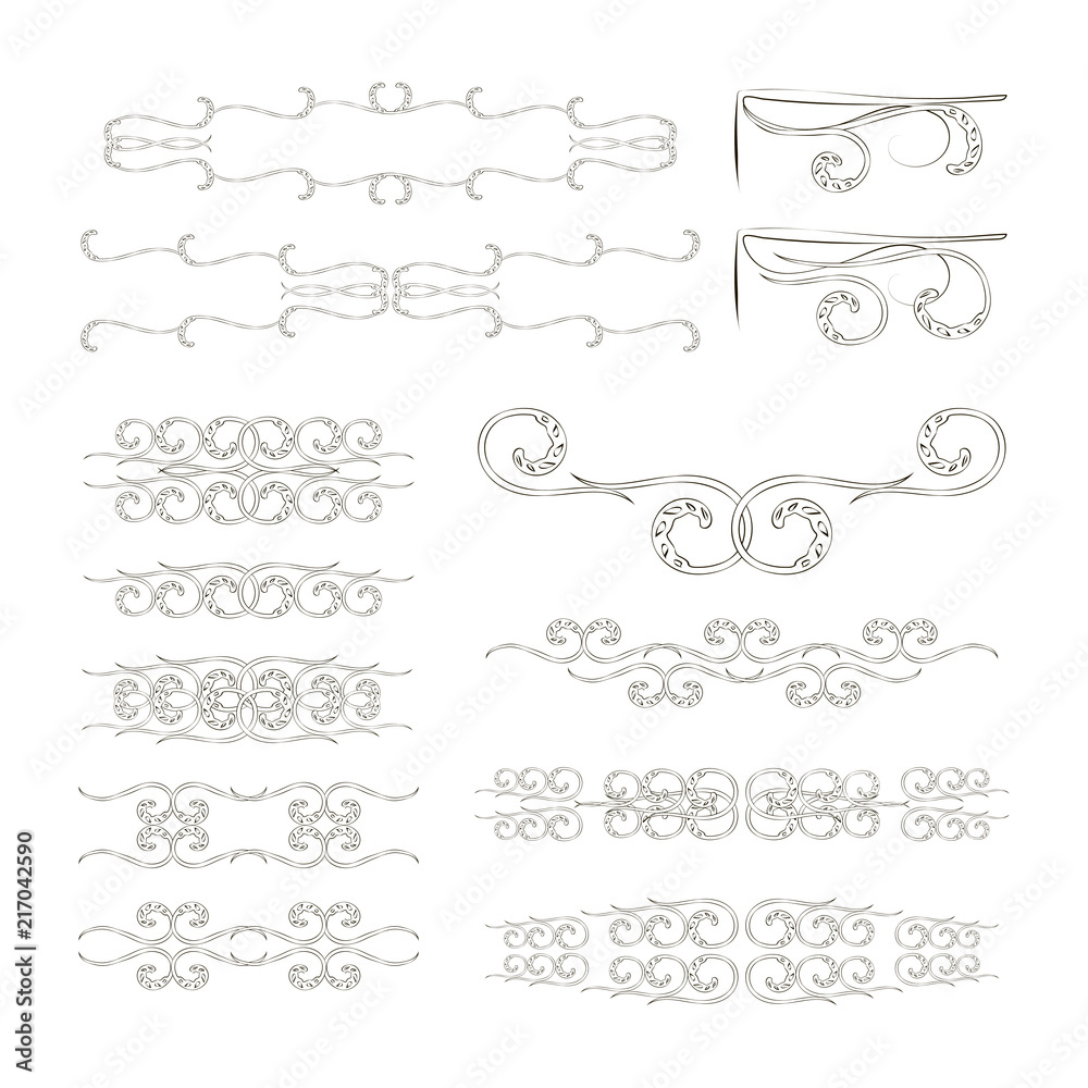 Set vector black lines on white background floral patterns dividers, corners, monograms retro nature ornament.