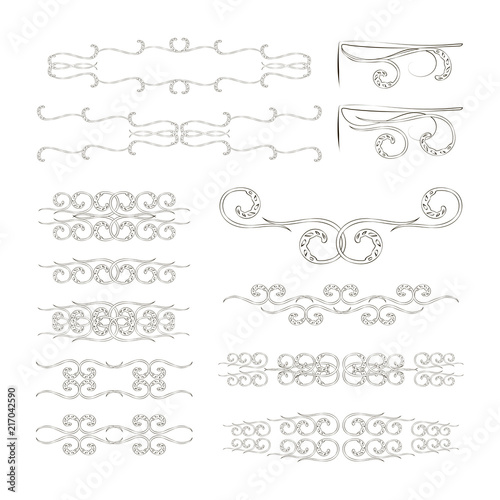 Set vector black lines on white background floral patterns dividers, corners, monograms retro nature ornament.