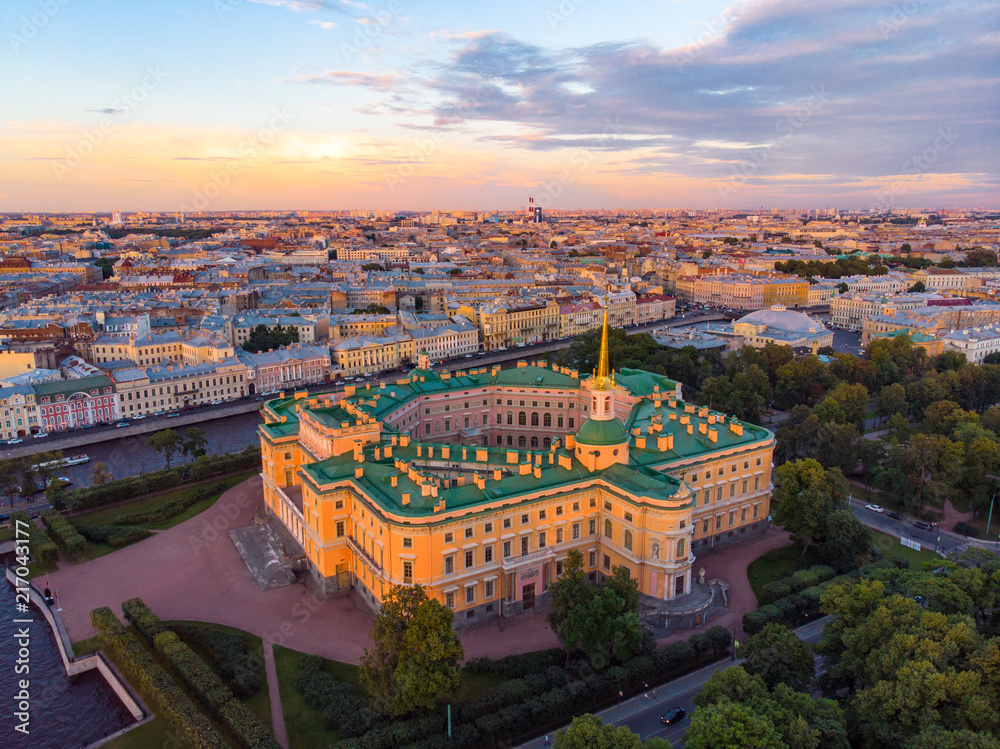 SAINT-PETERSBURG Russia: beautiful Top view of St. Petersburg from the air an Mikhailovsky castle engineerin and summer garden on a Sunny summer day.