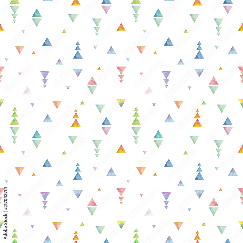 Seamless watercolor geometry texture of little bright triangles on a white background Seamless watercolor geometry texture of little bright triangles on a white background