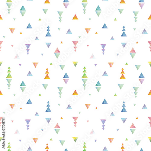 Seamless watercolor geometry texture of little bright triangles on a white background