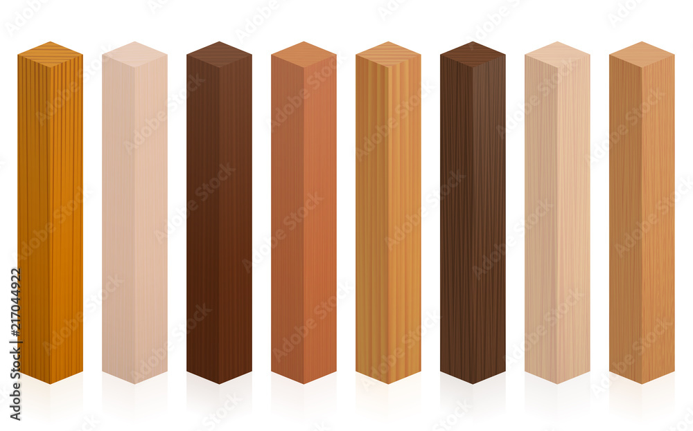 Wood samples. Wooden blocks, posts or sticks with different textures, colors, glazes, from various trees to choose. Isolated vector illustration on white background. Wood samples. Wooden blocks, posts or sticks with different textures, colors, glazes, from various trees to choose. Isolated vector illustration on white background.