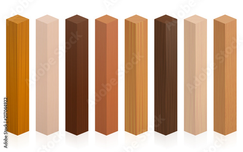 Wood samples. Wooden blocks, posts or sticks with different textures, colors, glazes, from various trees to choose. Isolated vector illustration on white background.