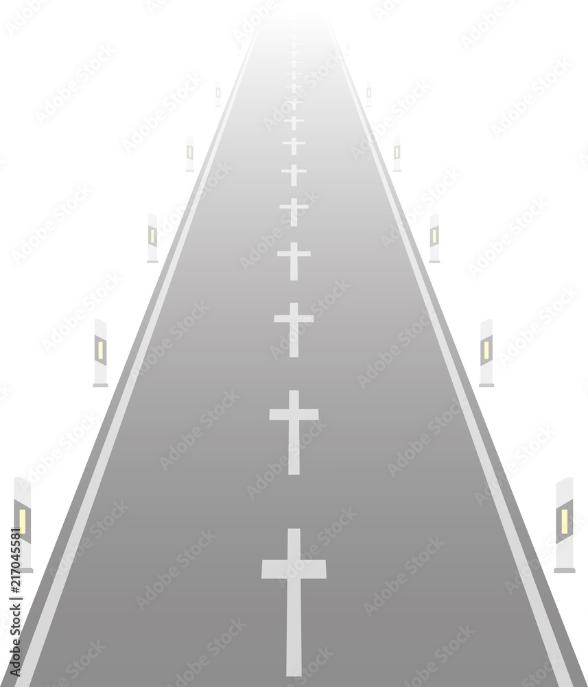 Street with crosses instead of a broken line. Symbolic for fatal accidents on the road. Street with crosses instead of a broken line. Symbolic for fatal accidents on the road.