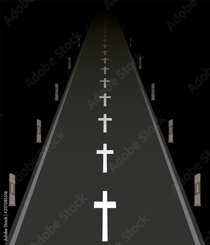 Fatal traffic accidents. Road with crosses instead of a broken line.