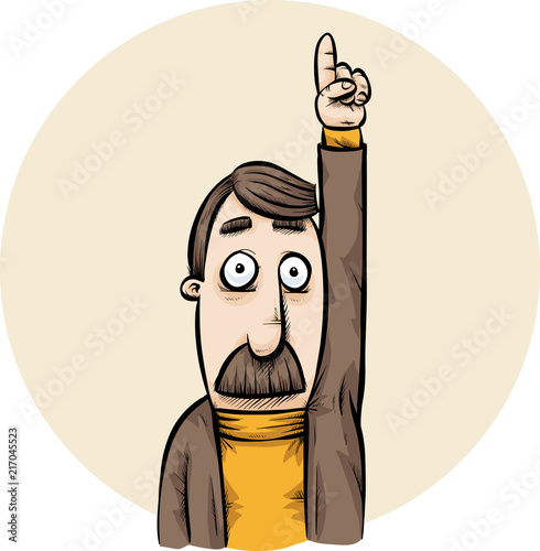 A cartoon man with a thick brown mustache pointing straight up above his head with his hand.