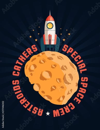 Rocket standing on a planet like a moon with an inscription around it