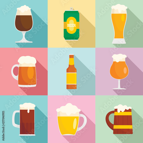 Beer bottles glass craft wine mug icons set. Flat illustration of 9 beer bottles glass craft wine mug vector icons for web