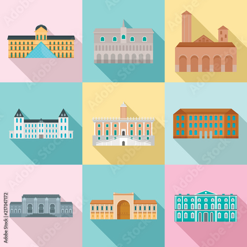 Museum Day Italy architecture palace icons set. Flat illustration of 9 Museum Day Italy architecture palace vector icons for web