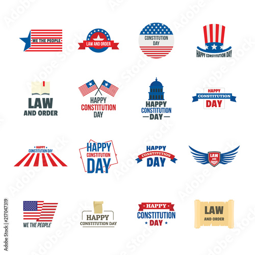 Constitution Day USA president patriotic america flag logotype icons set. Flat illustration of 16 Constitution Day USA president patriotic america flag vector logo icons for web