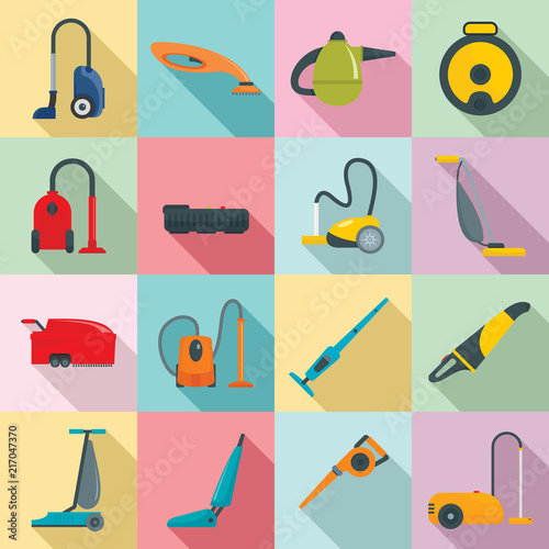 Vacuum cleaner washing appliance icons set. Flat illustration of 16 vacuum cleaner washing appliance vector icons for web