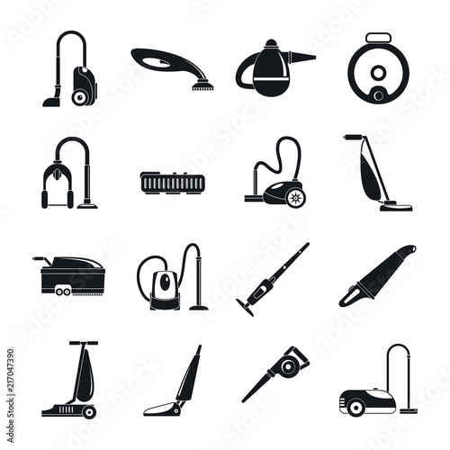 Vacuum cleaner washing appliance icons set. Simple illustration of 16 vacuum cleaner washing appliance vector icons for web