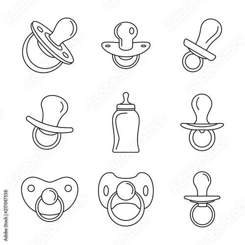 Pacifier baby dummy care nipple newborn child icons set. Outline illustration of 9 pacifier baby dummy care nipple newborn child vector icons for web