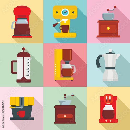 Coffee maker pot espresso cafe icons set. Flat illustration of 9 coffee maker pot espresso cafe vector icons for web