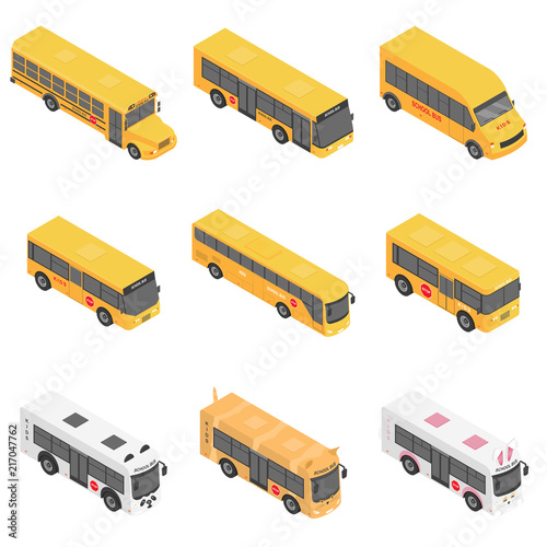 School bus back kids icons set. Isometric illustration of 9 school bus back kids vector icons for web