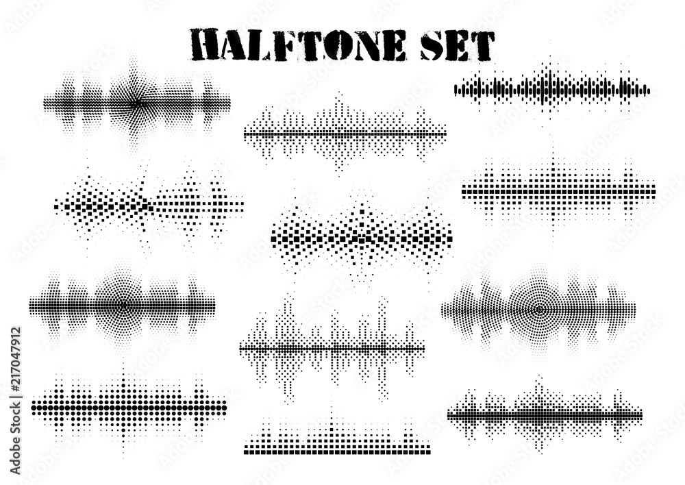 Halftone sound wave black and white patterns set.Tech music design elements isolated on white background