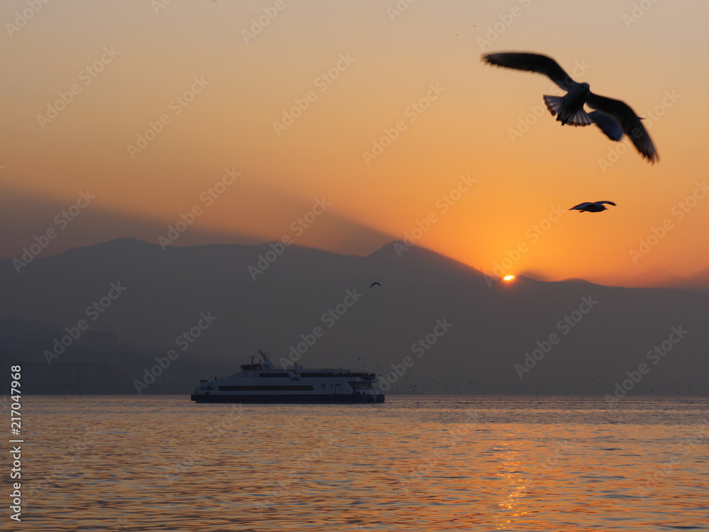 Ferryboat at sunset with seagull in izmir gulf , Turkey