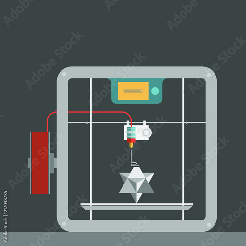 Vector illustration of a 3D printer. 3D fused deposit modeling.. Making prototypes. FDM printing process. 