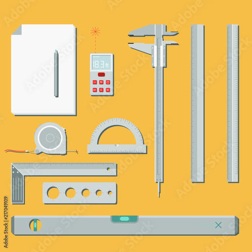 Measuring tools - laser distance meter, caliper, measuring tape, semicircular protractor, spirit level, L square agnle ruler, circle ruler, template. Vector set of measuring tools from the top view. photo