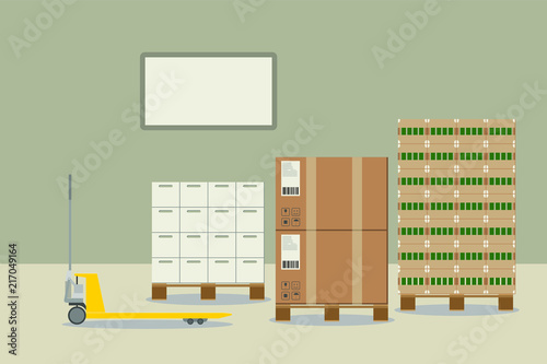 Pallet jack loading crates of beer and boxes with fragile content. Pallet truck with delivery. Delivery for export, import, wooden pallet vector illustration.