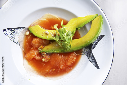Watermelon grapejuice soup with jaquima and avocado