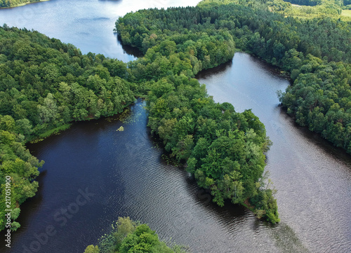 Aerial view on green forest, big two lakes and water wave wrinkle with reflections