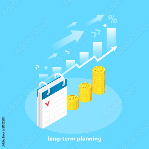 isometric image, financial success and profit, calendar next to gold coins and rising arrow