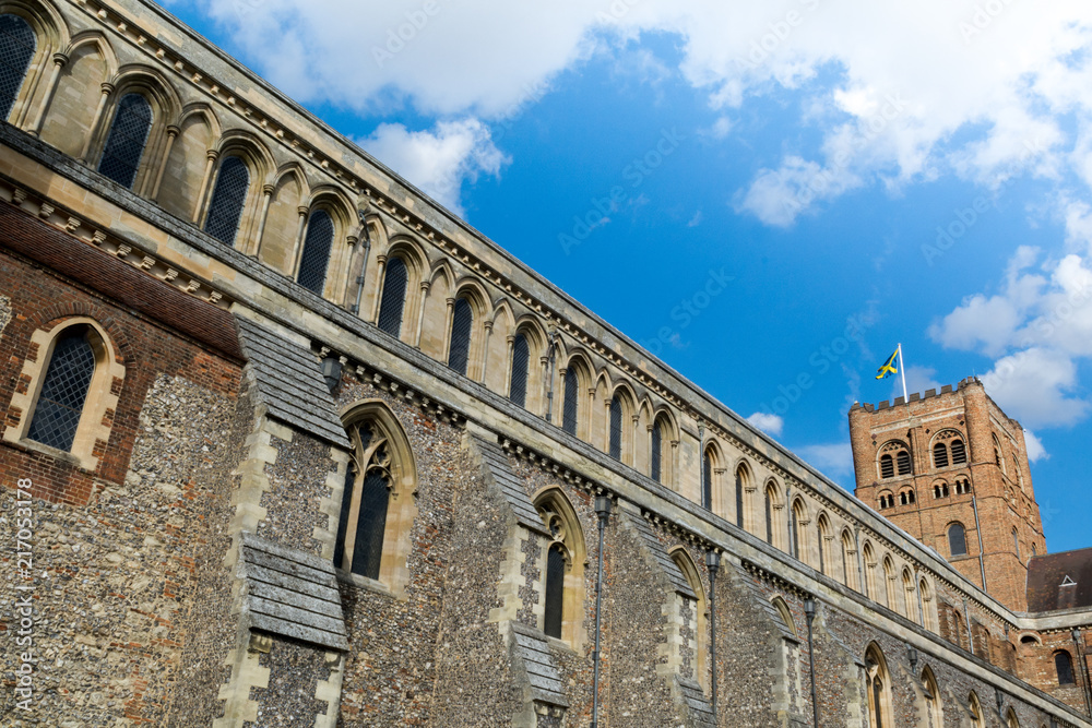 Exterior shot of St Albans city cathedral on a clear day