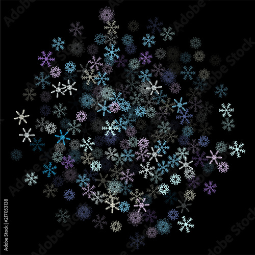 Falling down snow confetti, snowflake vector border. Festive winter, Christmas, New Year sale background. Cold weather, winter storm, scatter texture. Hipster snowfall falling snowflakes cool confetti