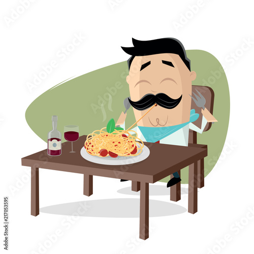 funny cartoon man eating delicious spaghetti
