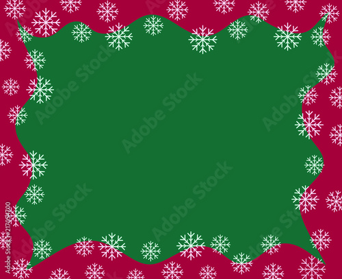 simple vector christmas border red waved frame covered by snow flakes on dark green background