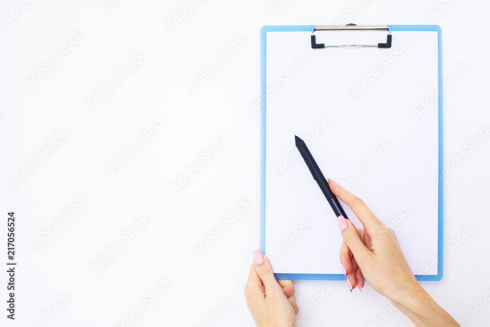 Blank Folder with White Paper. Hand that Holding Folder and Handle on White Background. Copyspace. Place for Text Blank Folder with White Paper. Hand that Holding Folder and Handle on White Background. Copyspace. Place for Text