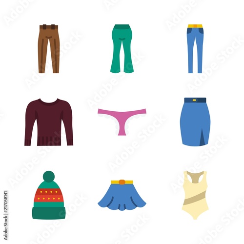 clothes vector icons set. trousers, swimsuit, winter hat and pants in this set