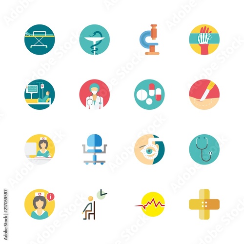 hospital vector icons set. nurse, surgeon, waiting room and band aid in this set