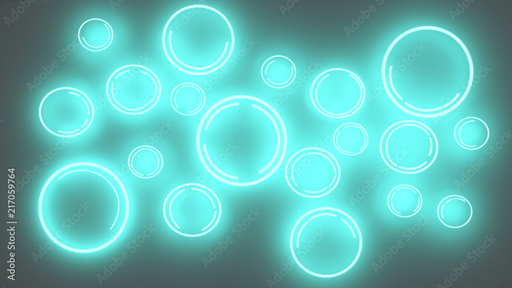 3d illustration of neon blue bubbles on grey background