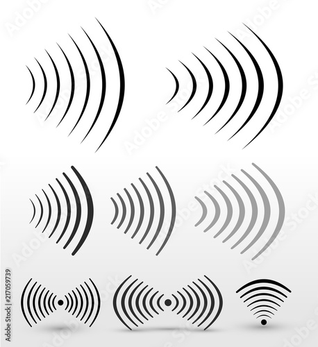 Set of wifi sound signal connection, sound radio black and gray wave logos symbol. Vector illustration. Isolated on white background.